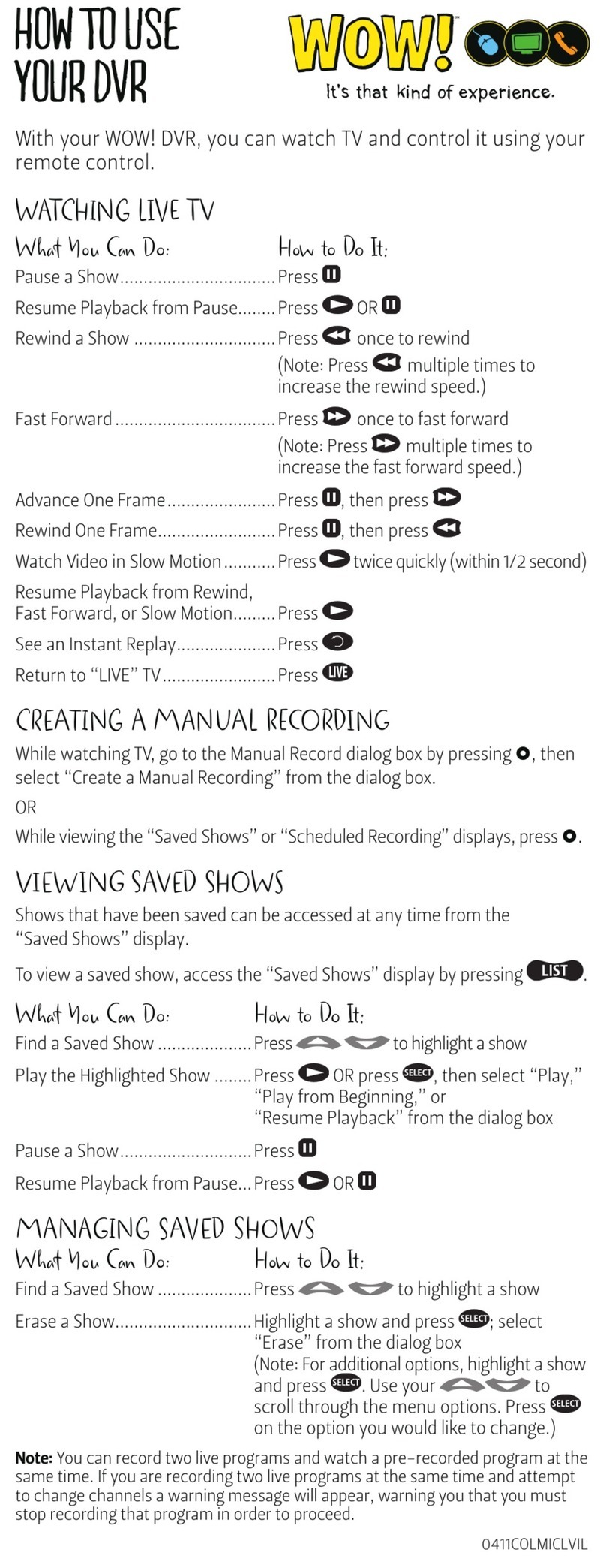 Wow Dvr Reference card