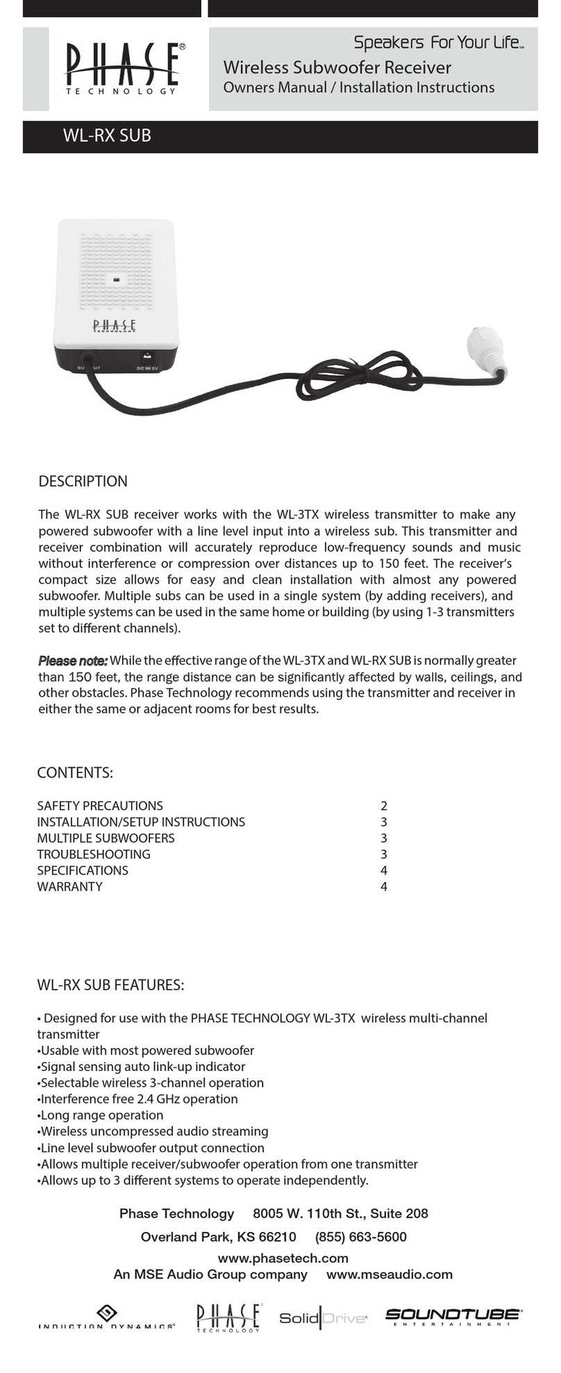 Phase Technologies WL-RX SUB Owner's manual and installation instructions