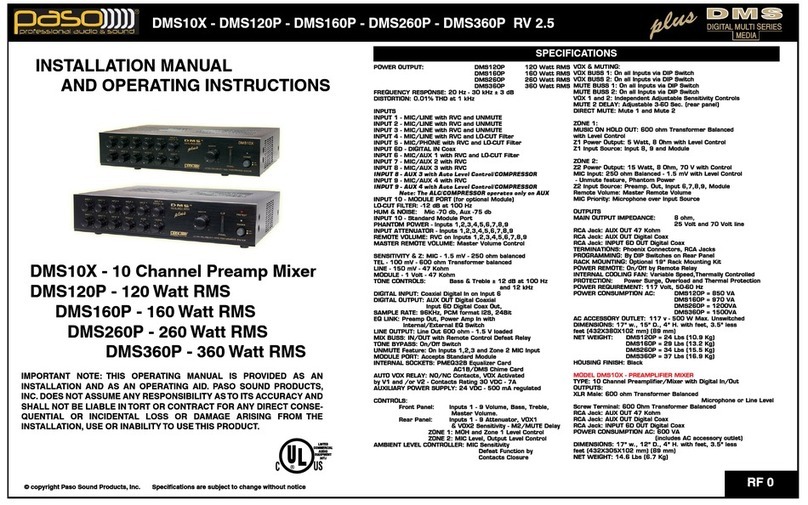 Paso Sound Products DMS10X Installation manual and operating instructions