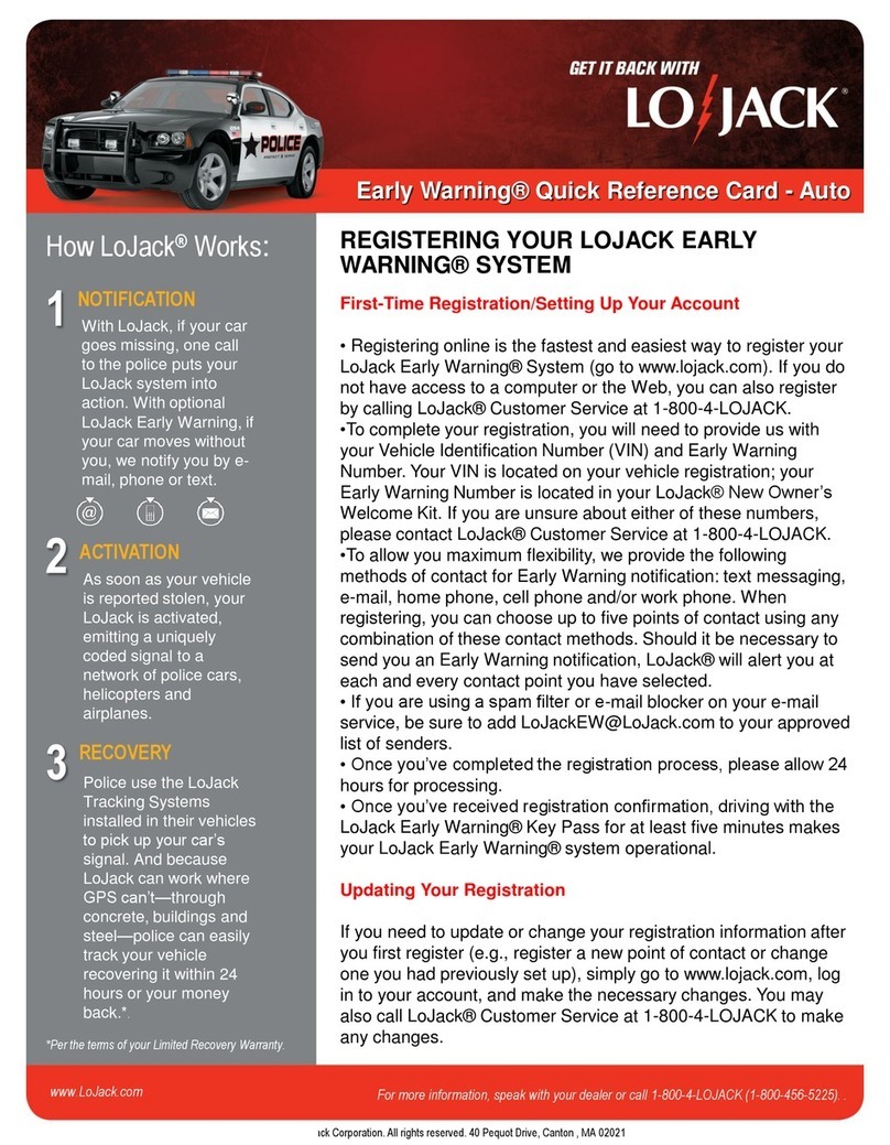 LoJack Early Warning Quick reference card