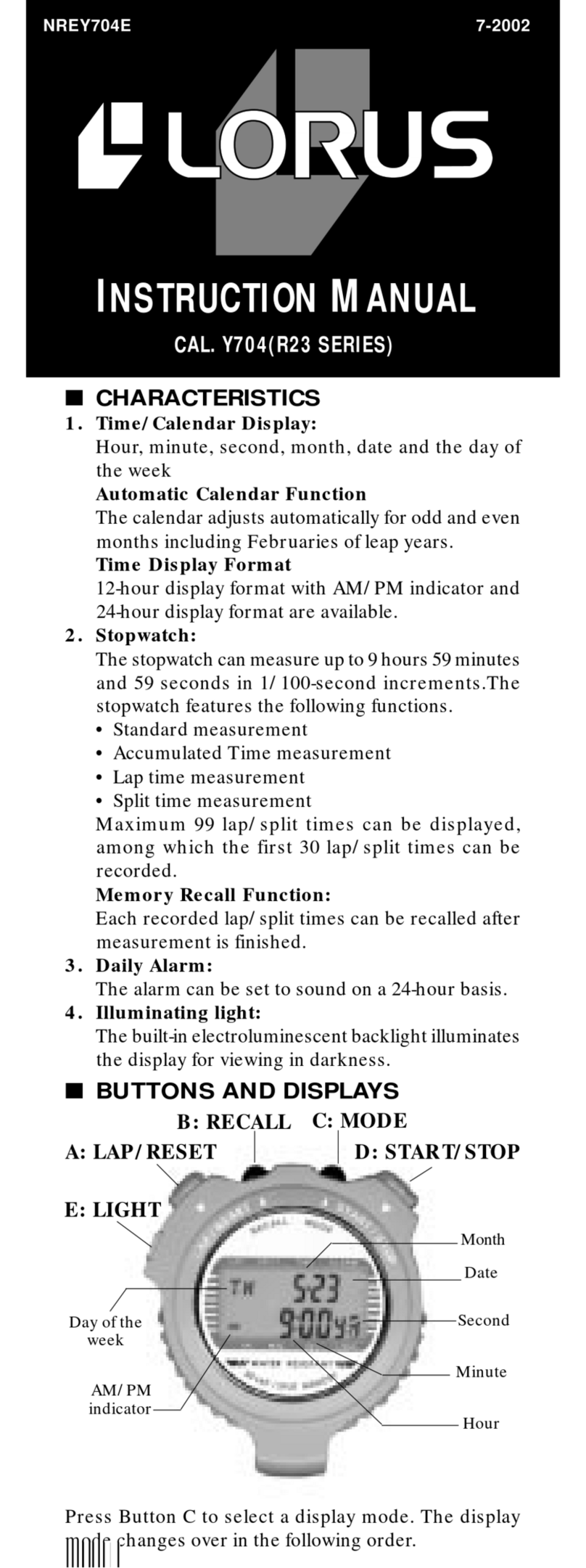 LORUS NREY704E User manual