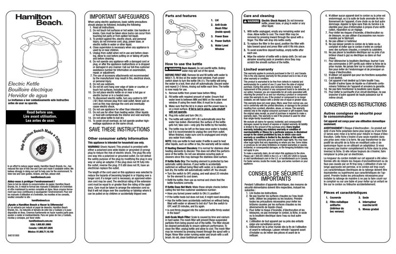Hamilton Beach Electric Kettle User manual
