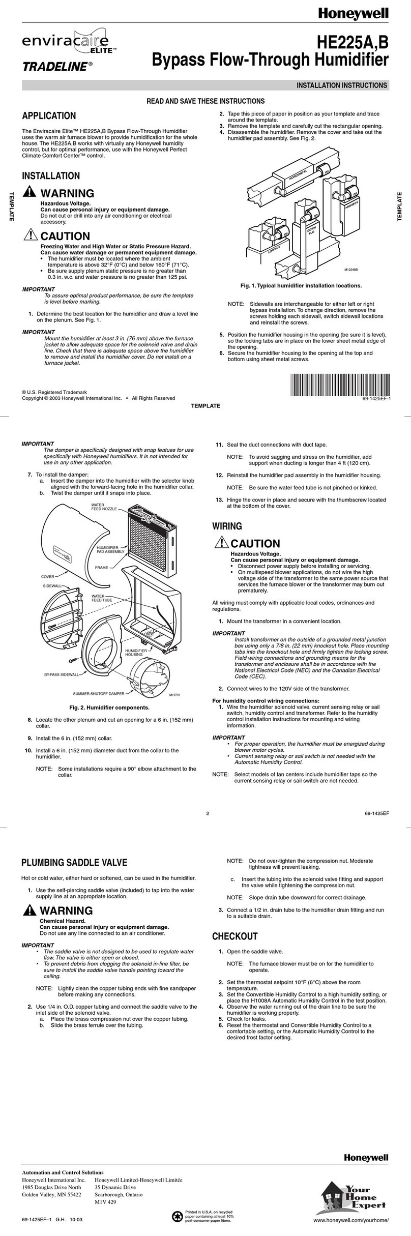 Honeywell enviracaire Elite HE225A installation instructions
