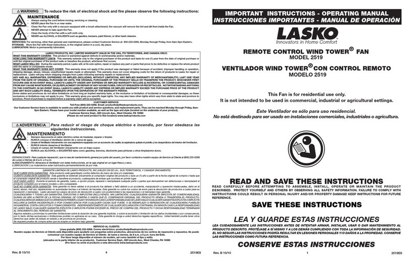 Lasko Wind Tower 2519 User manual
