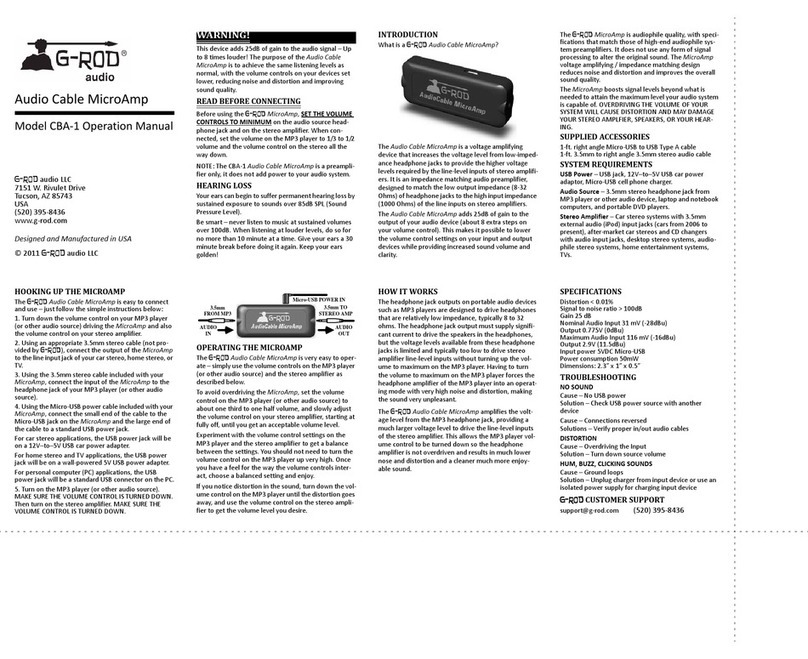 G-Rod CBA‐1 Audio Cable MicroAmp Operation manual