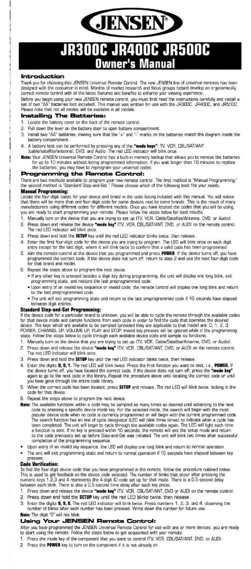 Jensen JR300C User manual