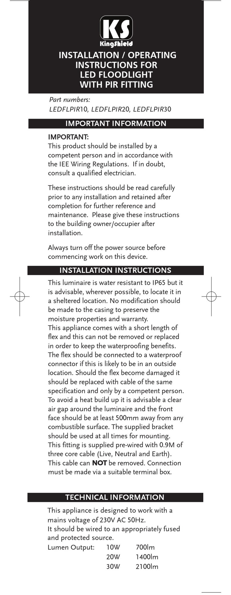 Green Brook LEDFLPIR10 Installation / operating instructions and warranty Green Brook LEDFLPIR10 Installation / operating instructions and warranty