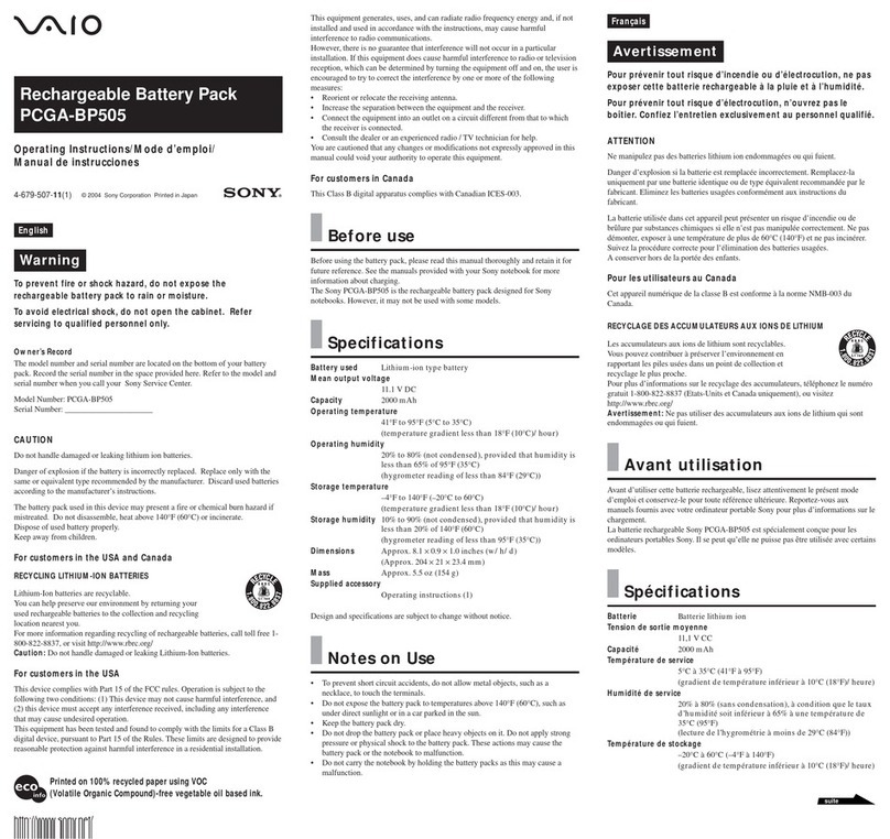Sony Vaio PCGA-BP505 operating instructions