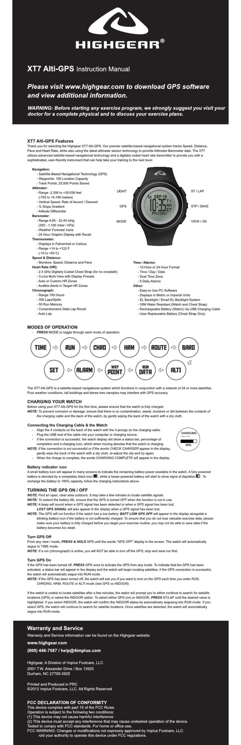 HighGear XT7 Alti-GPS instruction manual