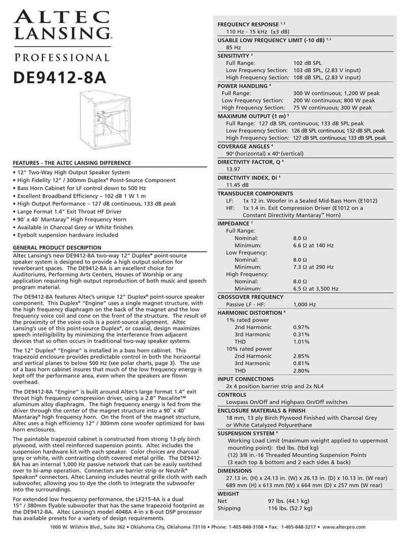 Altec Lansing DE9412-8A SPEAKER SYSTEM Dimensions