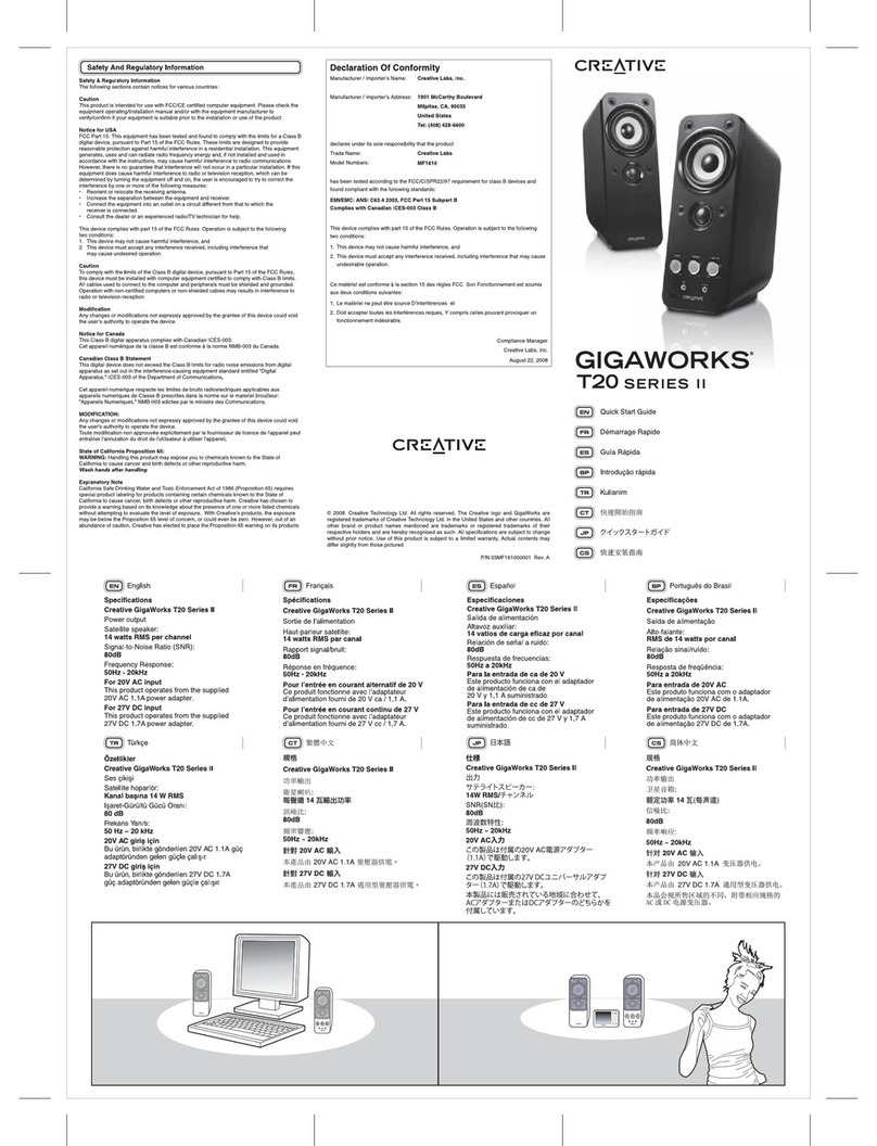 Creative GIGAWORKS T20 II - QUICKSTART FRONT User manual