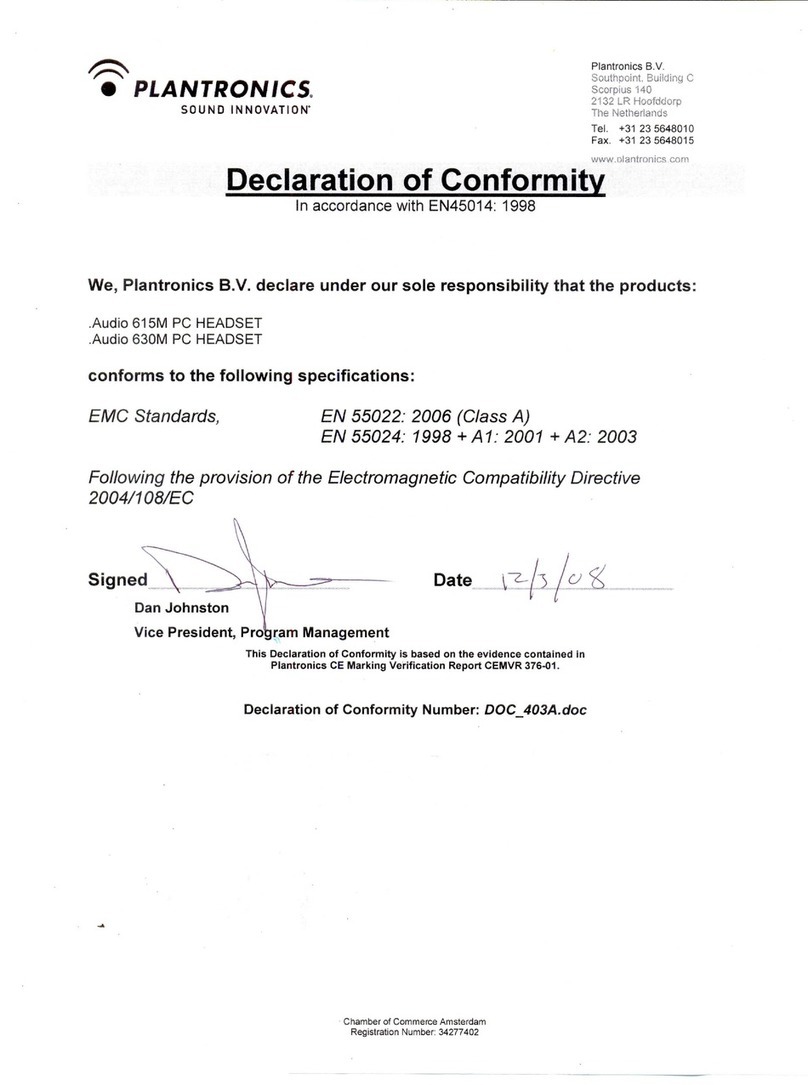 Plantronics AUDIO 615M PC HEADSET Declaration of conformity Plantronics AUDIO 615M PC HEADSET Declaration of conformity