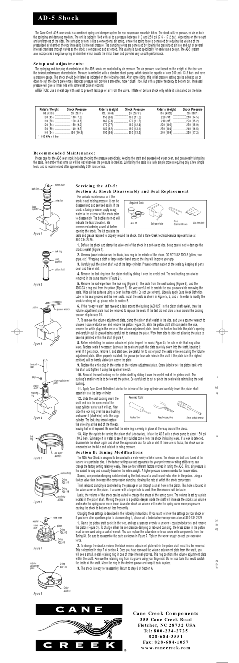Cane Creek CANE CREEK AD5 REAR SHOCK manual