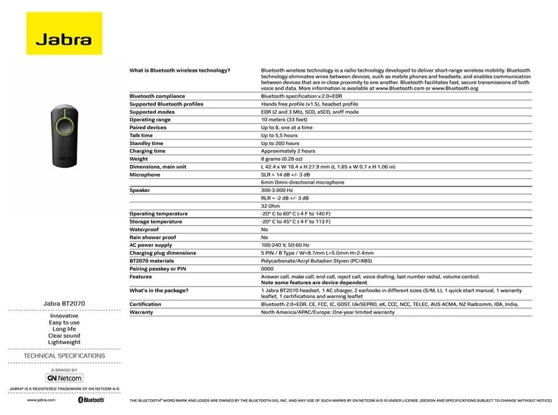 Jabra BT2070 - Headset - In-ear ear-bud Technical specifications