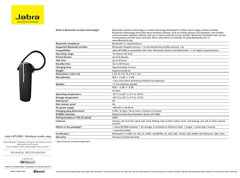 Jabra BT2080 - Headset - Ear-bud Technical specifications
