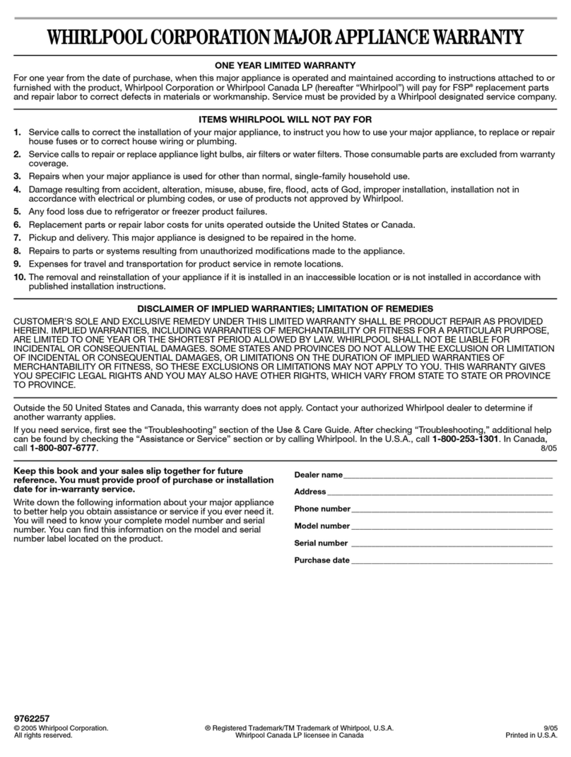 Whirlpool 9762257 Warranty