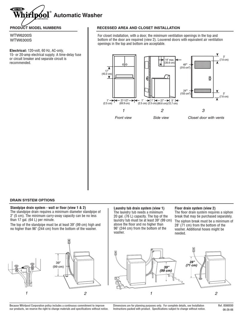 Whirlpool Cabrio WTW6200S Dimensions and installation information