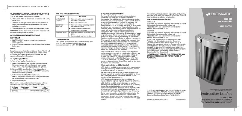 Bionaire BAP260 Instruction leaflet