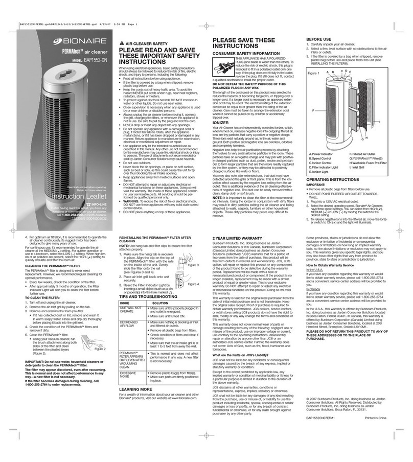 Bionaire PERMAtech BAP1552-CN Instruction leaflet