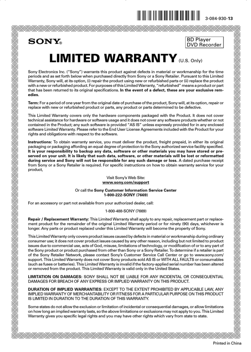 Sony BDP-S790 Limited warranty