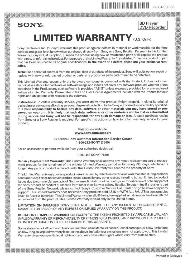 Sony BDP-BX18 Limited warranty