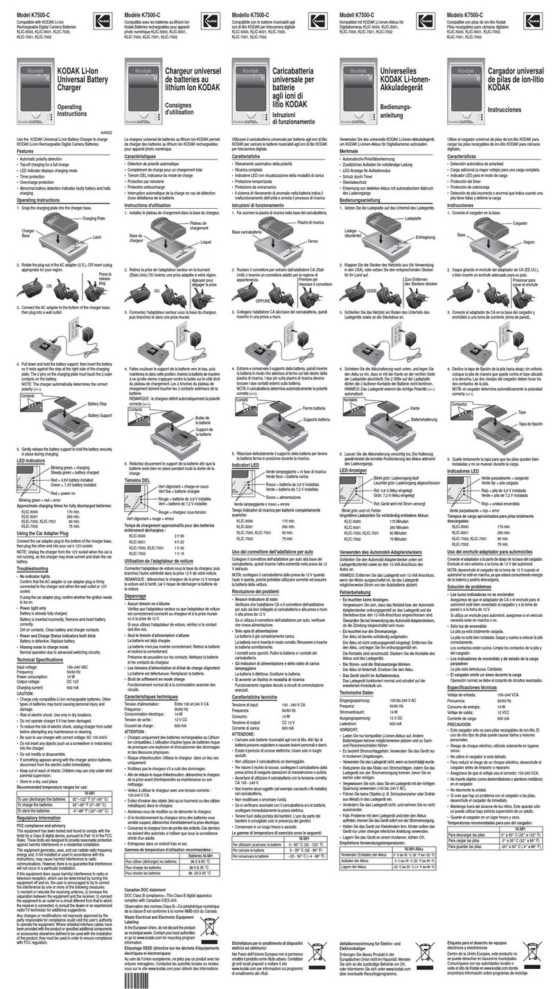 Kodak K7500 UNIVERSAL BATTERY CHARGER User manual Kodak K7500 UNIVERSAL BATTERY CHARGER User manual