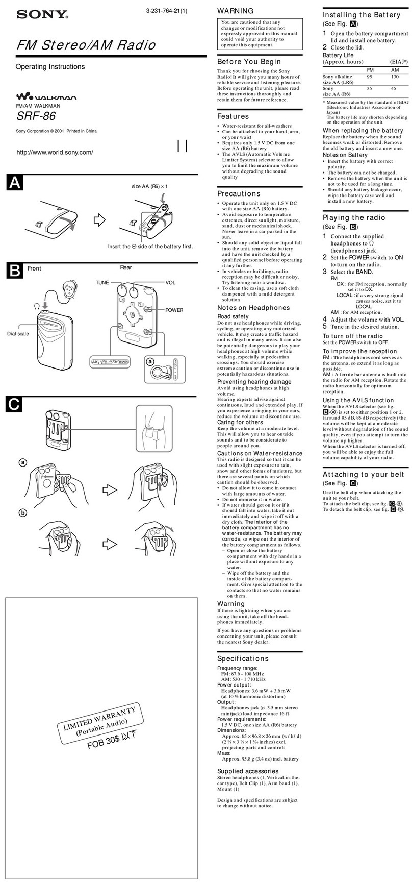 Sony SRF-86 User manual