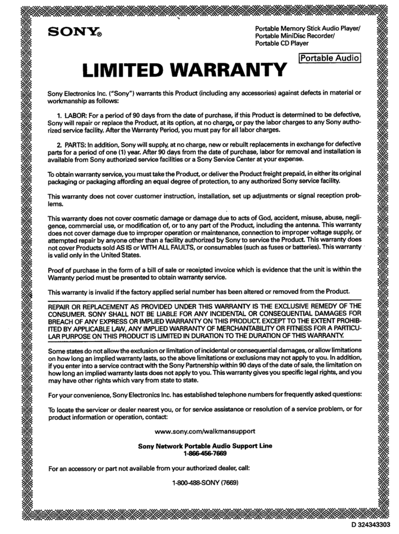 Sony MD WALKMAN MZ-E300 Limited warranty