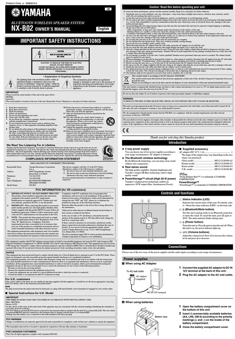 Yamaha NX-B02 - Portable Speakers - 10 Watt owner's manual
