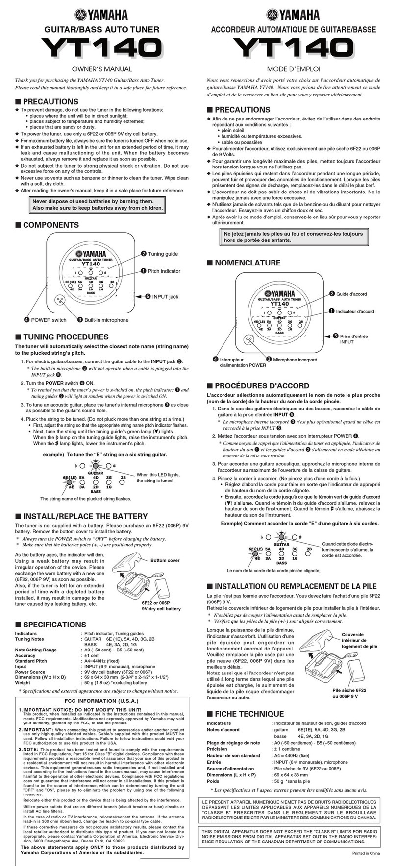 Yamaha YT-140 User manual Yamaha YT-140 User manual