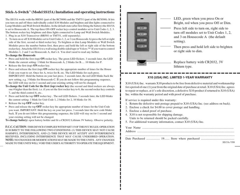 X10 Stick-A-Switch Model SS15A Installation and operating instructions
