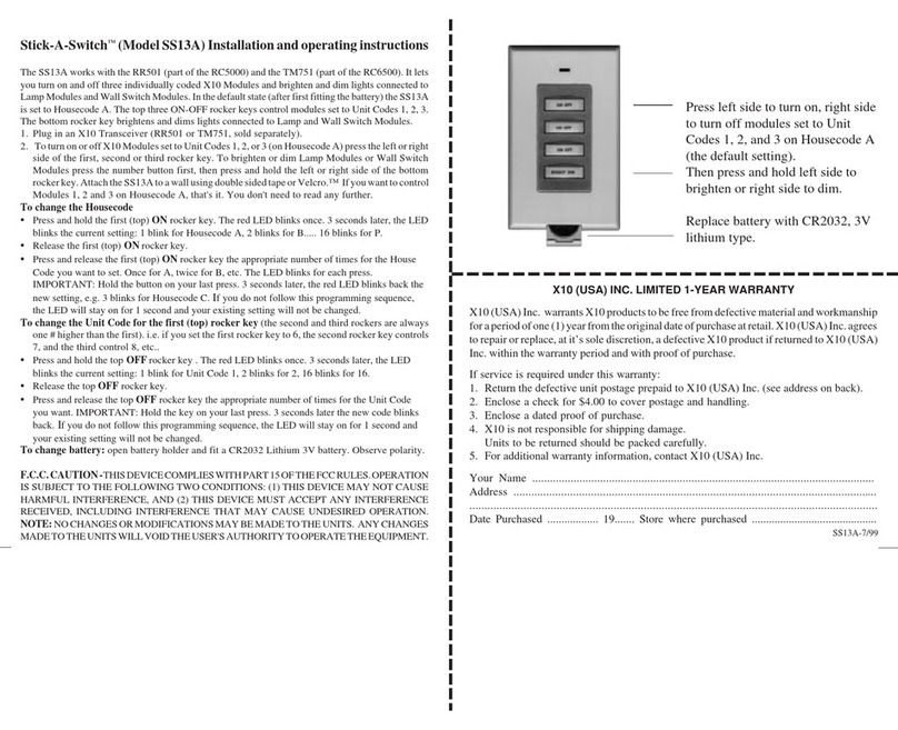 X10 Stick-A-Switch Model SS13A User manual