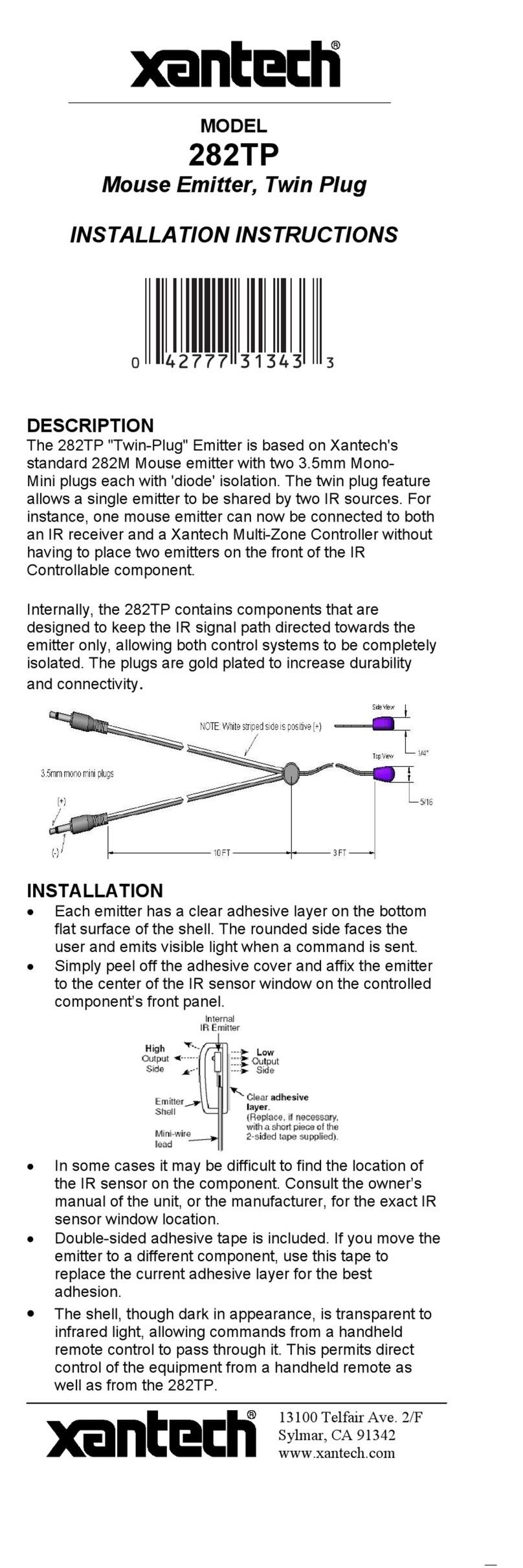 Xantech 282TP installation instructions