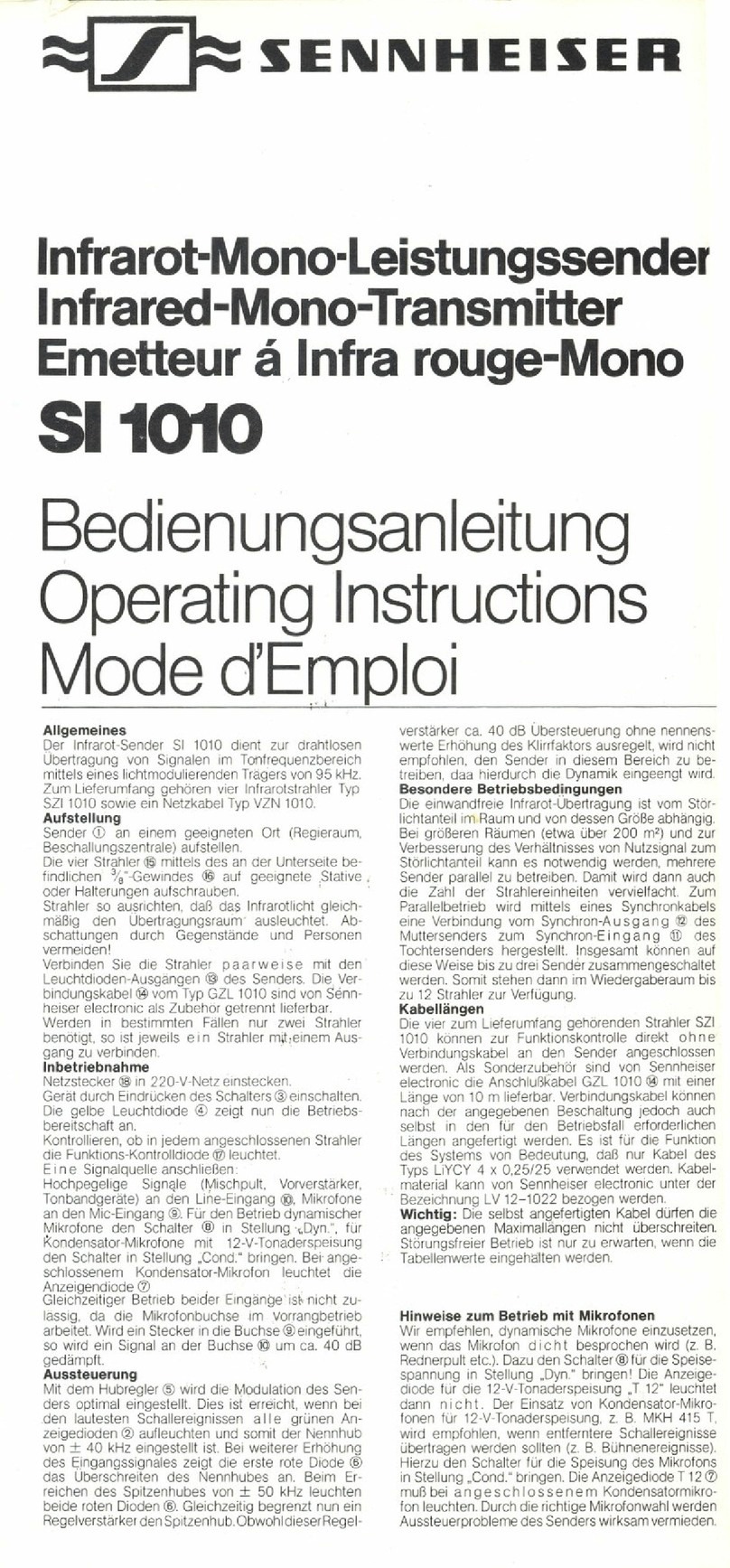 Sennheiser SI 1010 operating instructions