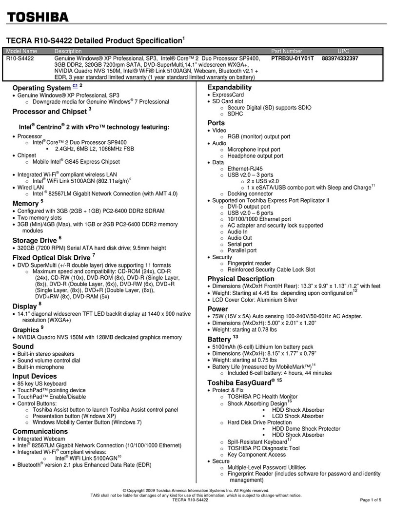 Toshiba R10-S4422 Specifications
