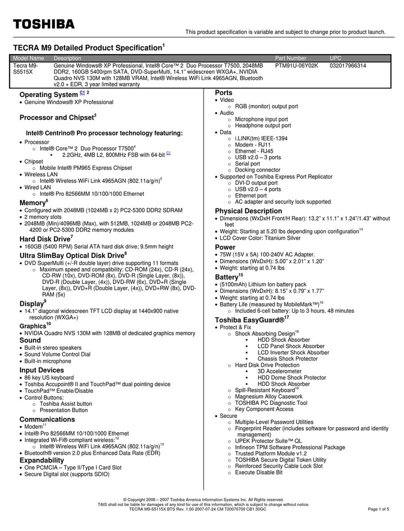 Toshiba M9 S5515X - Tecra - Core 2 Duo 2.2 GHz User manual Toshiba M9 S5515X - Tecra - Core 2 Duo 2.2 GHz User manual