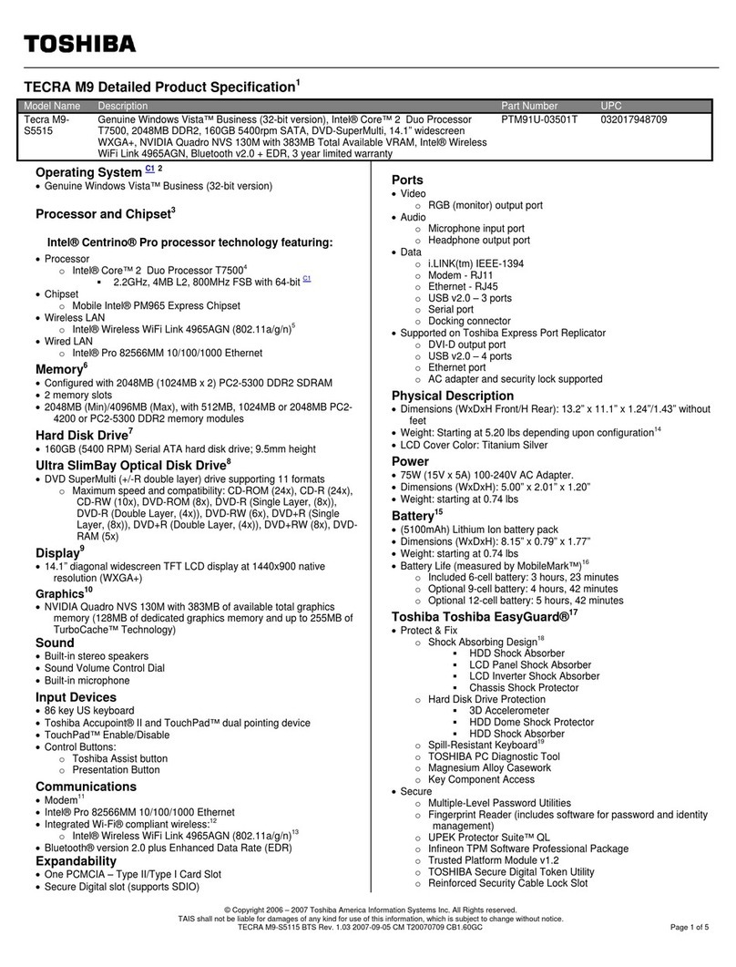Toshiba M9 S5515 - Tecra - Core 2 Duo 2.2 GHz Specifications
