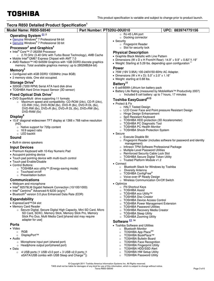 Toshiba R850-S8540 Specifications