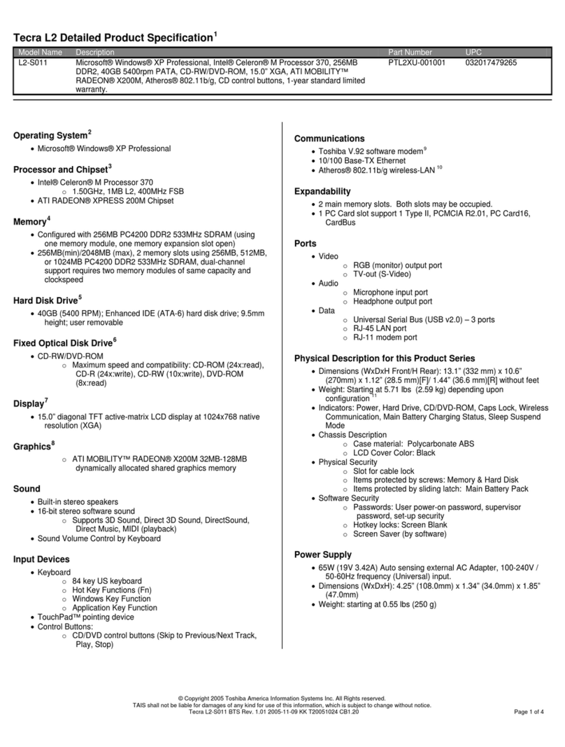 Toshiba L2-S011 Specifications
