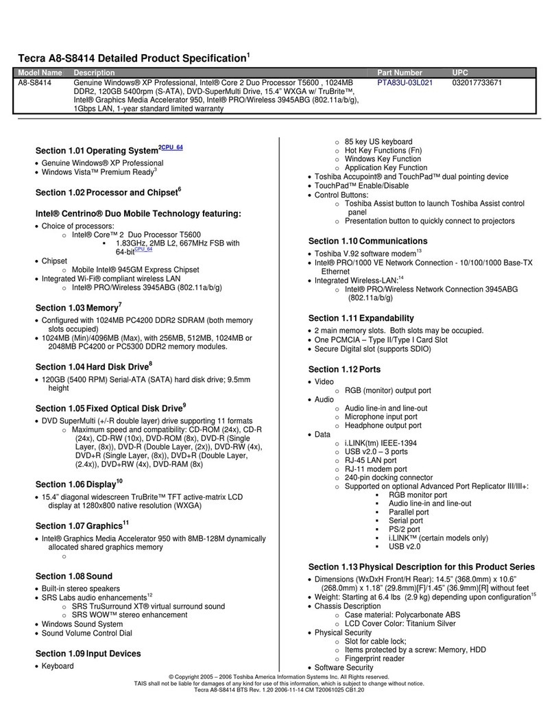 Toshiba Tecra A8-S8414 Specifications