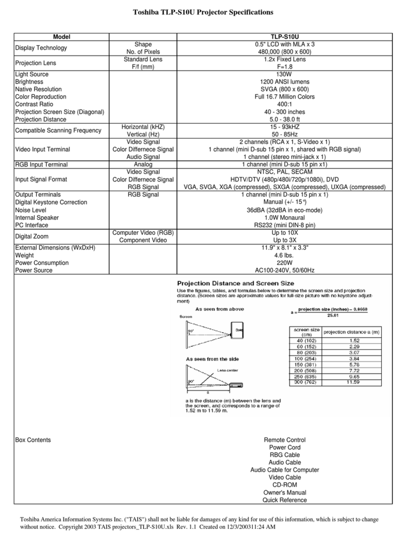 Toshiba TLP-S10U - SVGA LCD Projector Specifications