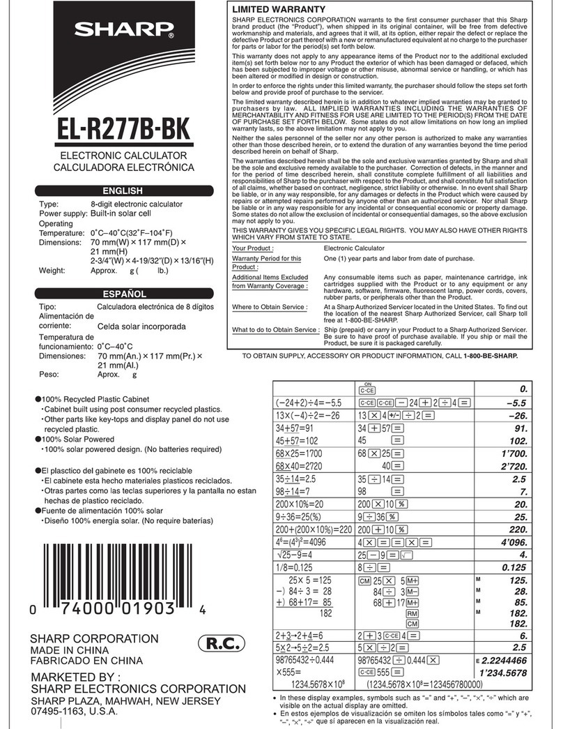 Sharp EL-R277B-BK Limited warranty