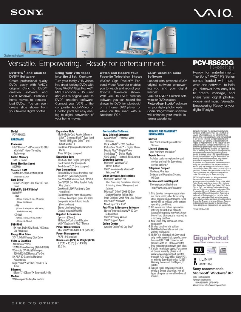 Sony PCV-RS620G - Vaio Desktop Computer User manual