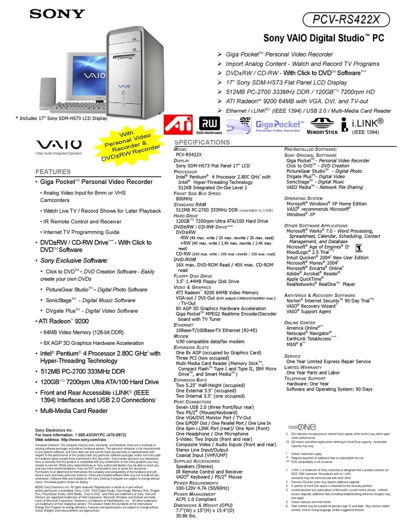 Sony PCV-RS422X - Vaio Desktop Computer Specifications