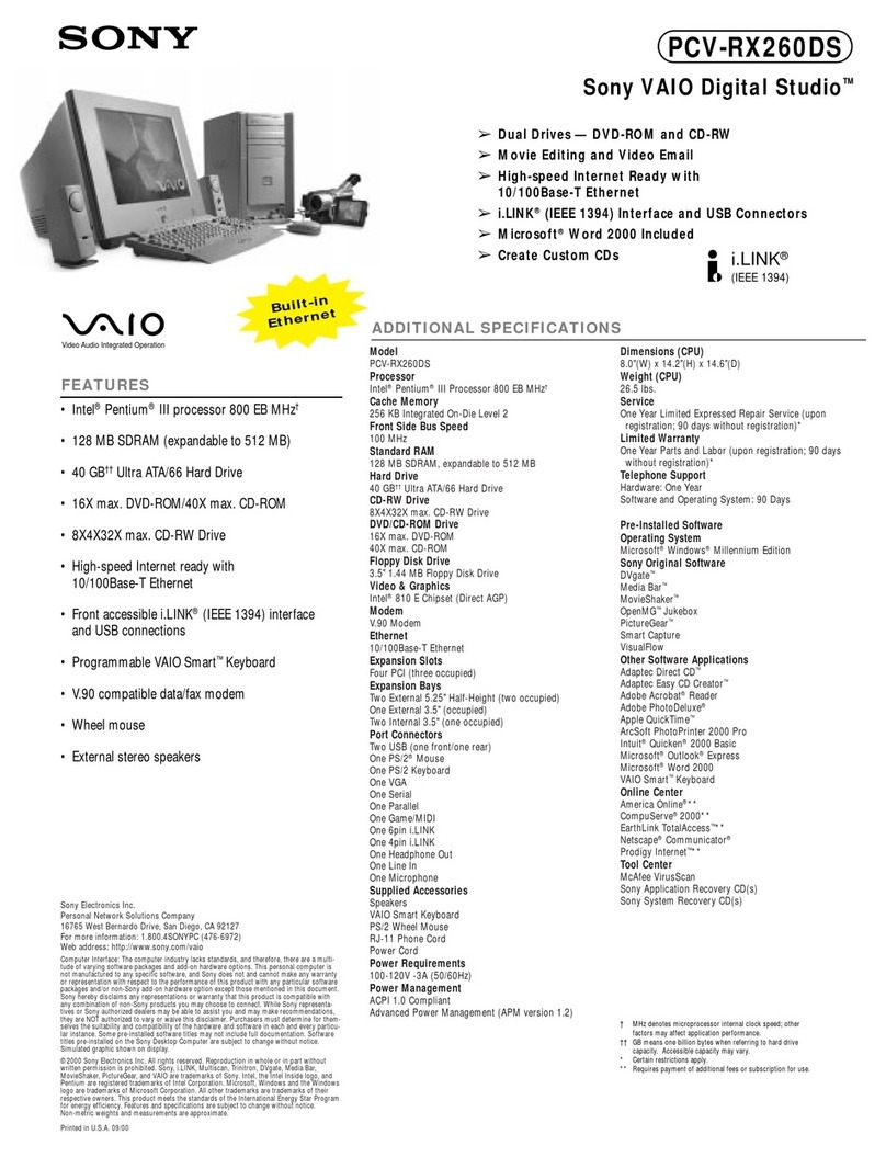 Sony PCV-RX260DS - Vaio Digital Studio Desktop... User manual