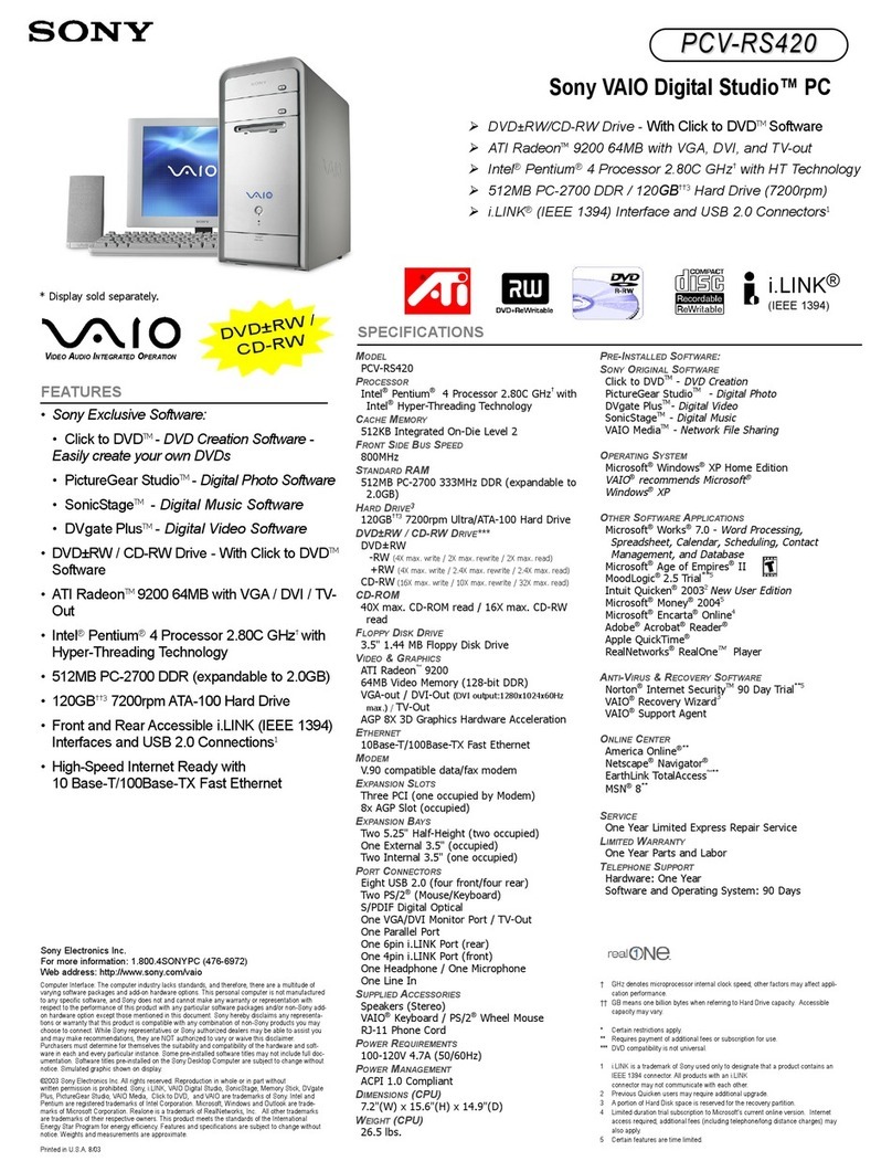 Sony PCV-RS420 - Vaio Desktop Computer User manual