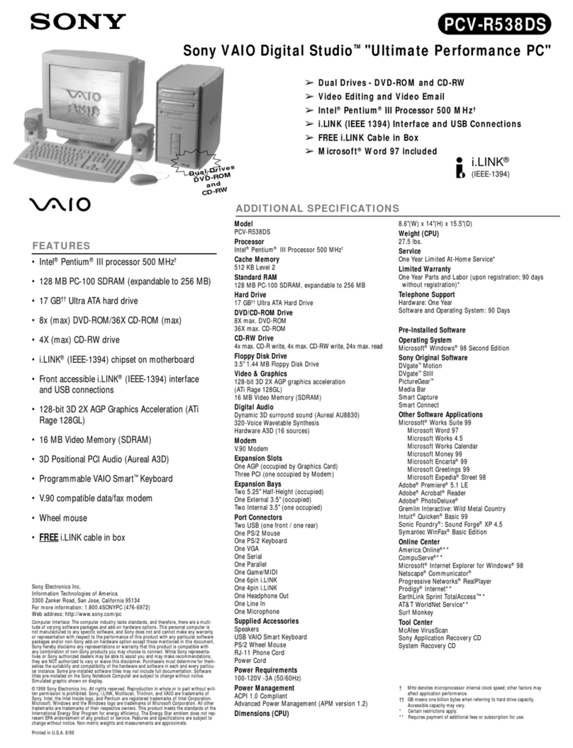 Sony PCV-R538DS - Vaio Digital Studio Desktop... User manual