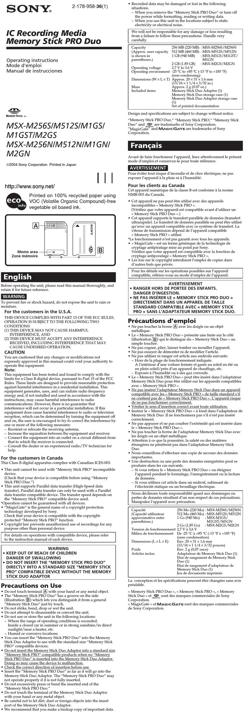 Sony MSX-M1GN operating instructions