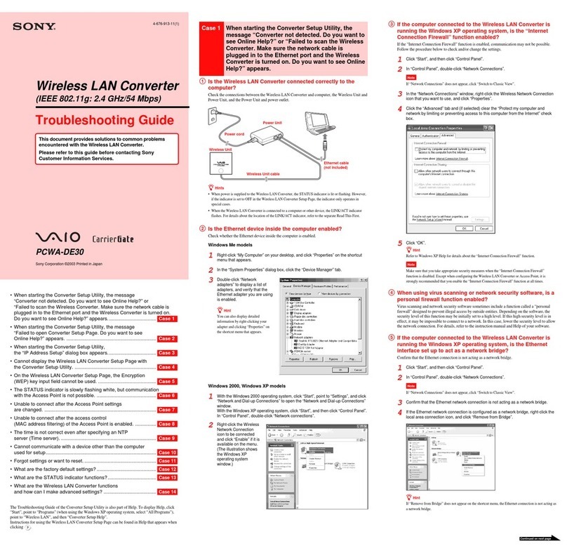 Sony VAIO PCWA-DE30 troubleshooting guide