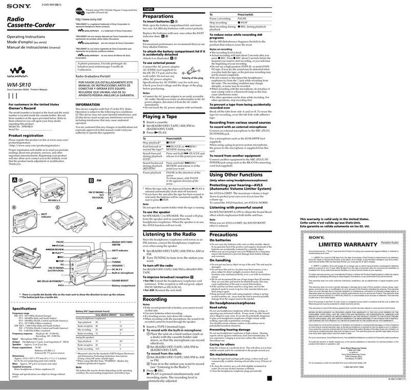 Sony Walkman WM-SR10 User manual